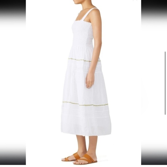 THE GREAT. The Clover Smocking Sleeveless Embroidered Floral Mid Dress - Picture 2 of 16